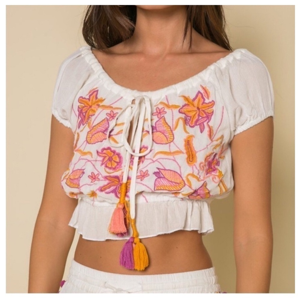 RAGA First Bloom Embroidered Crop Top Size Small White Gauzy Tassels Boho NWT